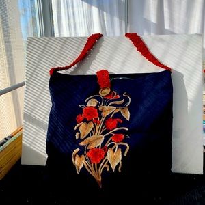Large Navy Blue Embroidered Tote Bag